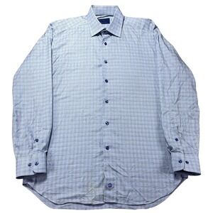 David Donahue Dress Shirt Mens 16 34/35 Blue Check Regular Fit Long Sleeve